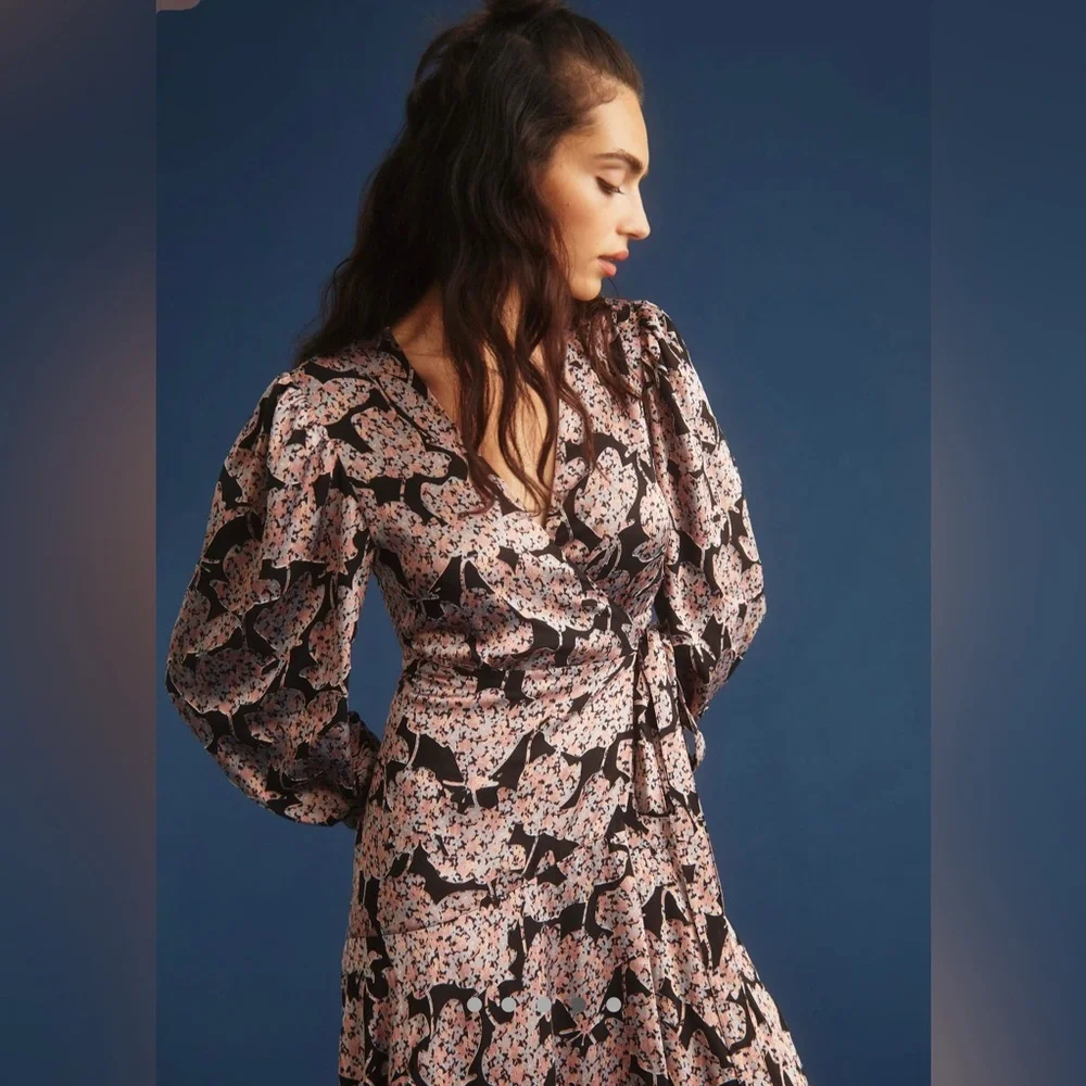 Anthropologie Caballero Floral Wrap Dress in Black Motif NEW - Picture 4 of 10